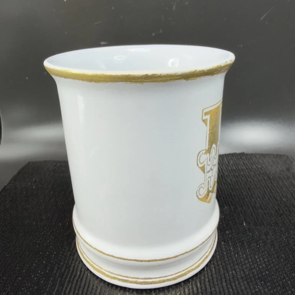 Williams Sonoma Brushed Gold Monogram Letter R Ceramic White Gold Coffee Mug Cup